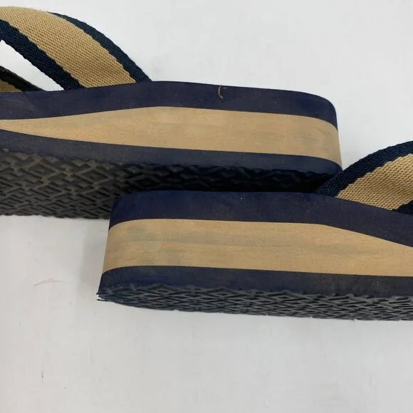 Tory Burch Blue Beige Wedge Flip Flops | Size 9