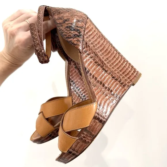 TORY BURCH Brown Leather and Python Platform Wedge Ankle Strap Sandals