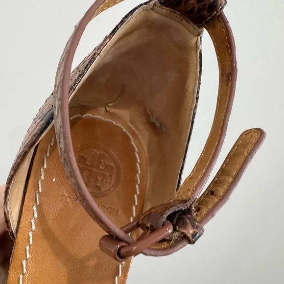 TORY BURCH Brown Leather and Python Platform Wedge Ankle Strap Sandals