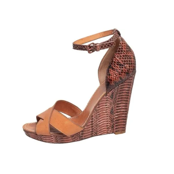 TORY BURCH Brown Leather and Python Platform Wedge Ankle Strap Sandals