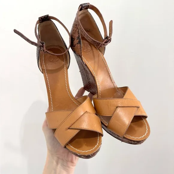 TORY BURCH Brown Leather and Python Platform Wedge Ankle Strap Sandals