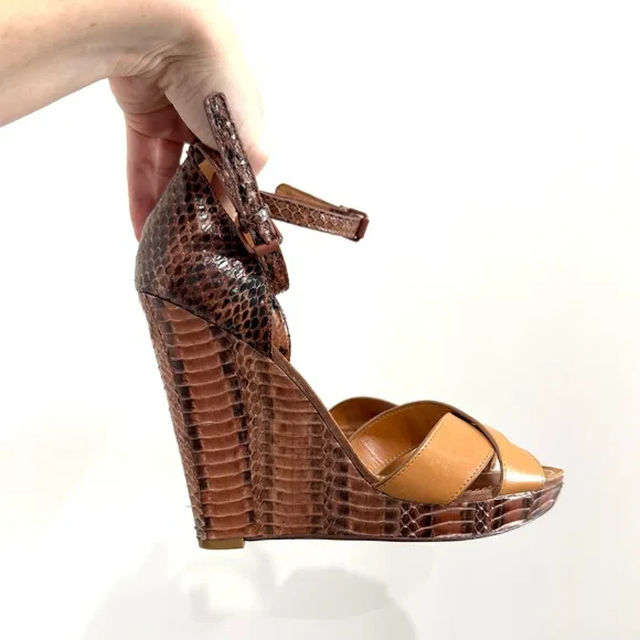 TORY BURCH Brown Leather and Python Platform Wedge Ankle Strap Sandals