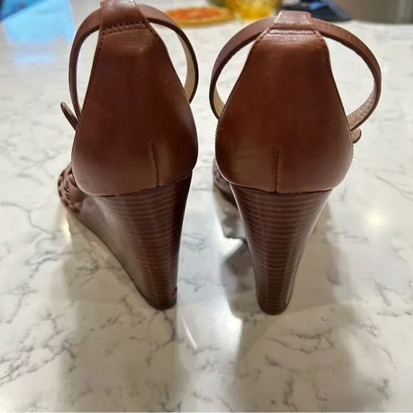 Tory Burch Brown Leather Eyelet Cutout Open Toe Wedge Sandals Size 7