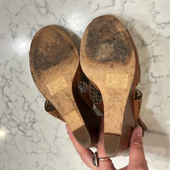 Tory Burch Brown Leather Eyelet Cutout Open Toe Wedge Sandals Size 7