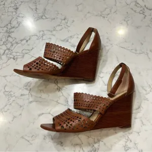 Tory Burch Brown Leather Eyelet Cutout Open Toe Wedge Sandals Size 7