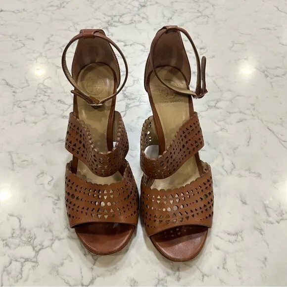 Tory Burch Brown Leather Eyelet Cutout Open Toe Wedge Sandals Size 7