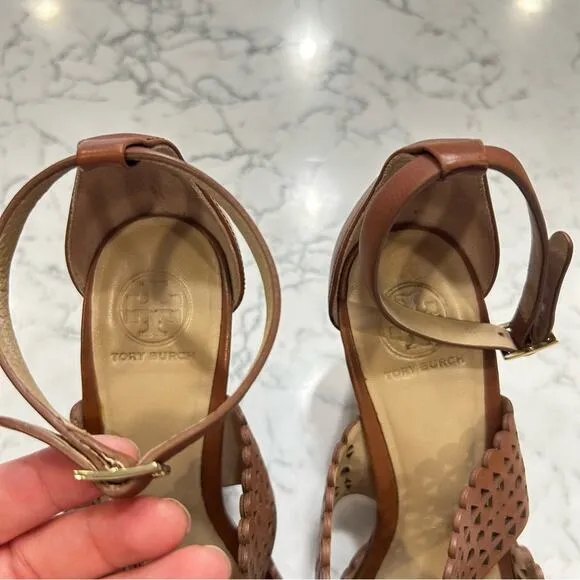 Tory Burch Brown Leather Eyelet Cutout Open Toe Wedge Sandals Size 7