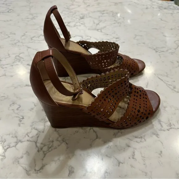 Tory Burch Brown Leather Eyelet Cutout Open Toe Wedge Sandals Size 7