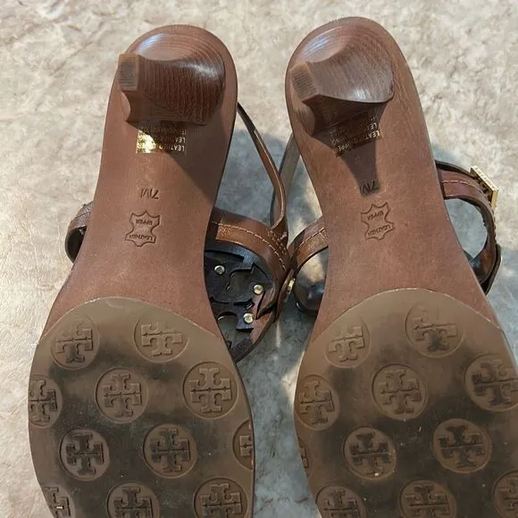 TORY BURCH Brown Leather Kitten Heel Sandals 7