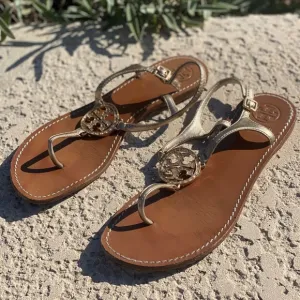 Tory Burch Camellia thong sandals medallion toe gold accents leather 9.5 travel