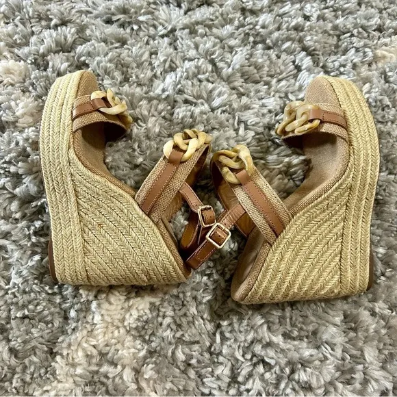 Tory Burch Canvas Jute Chain Espadrille Platform Wedge Sandals in Beige sz 9.5