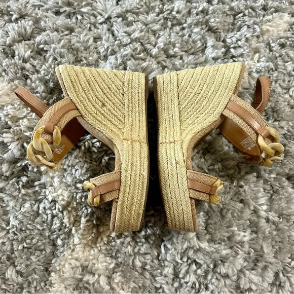 Tory Burch Canvas Jute Chain Espadrille Platform Wedge Sandals in Beige sz 9.5