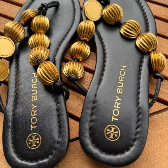Tory Burch Capri Black and Gold Beaded Sandals For Women Size 6.5