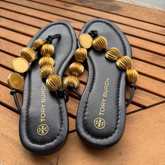 Tory Burch Capri Black and Gold Beaded Sandals For Women Size 6.5