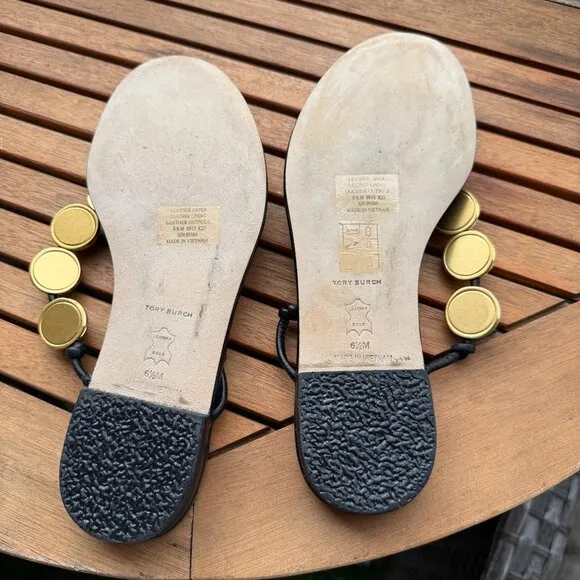 Tory Burch Capri Black and Gold Beaded Sandals For Women Size 6.5