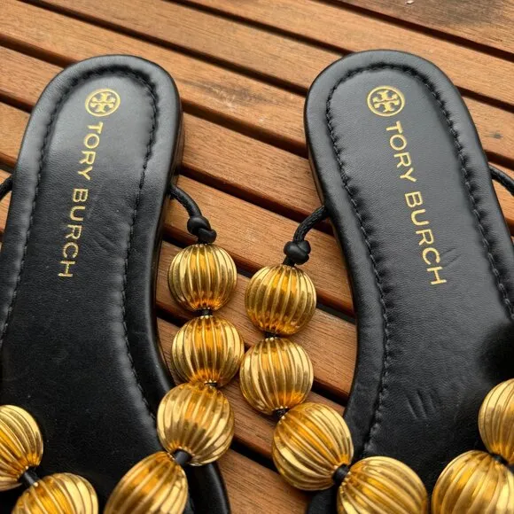 Tory Burch Capri Black and Gold Beaded Sandals For Women Size 6.5