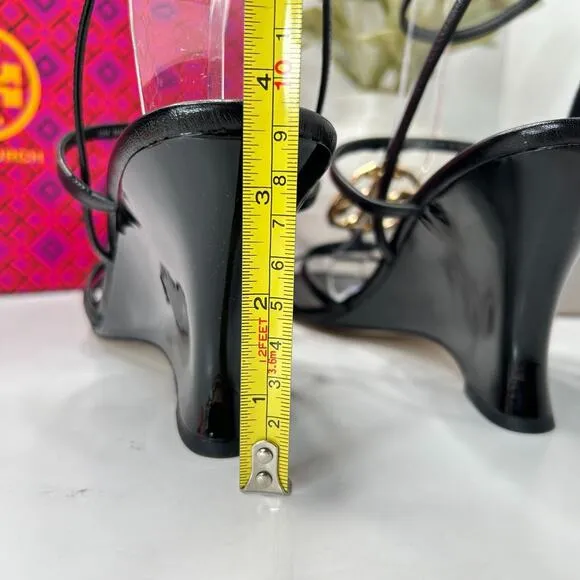 Tory Burch Capri Miller Wedge 85MM Goat Leather Sandals Black Women's US 10M NWB