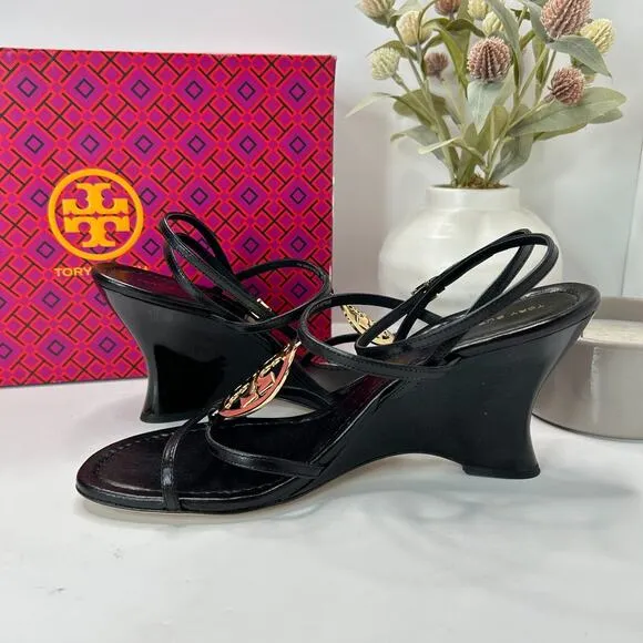 Tory Burch Capri Miller Wedge 85MM Goat Leather Sandals Black Women's US 10M NWB