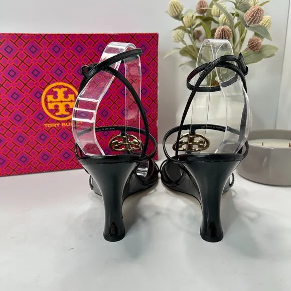 Tory Burch Capri Miller Wedge 85MM Goat Leather Sandals Black Women's US 10M NWB