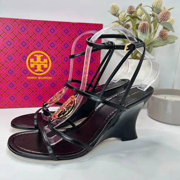 Tory Burch Capri Miller Wedge 85MM Goat Leather Sandals Black Women's US 10M NWB