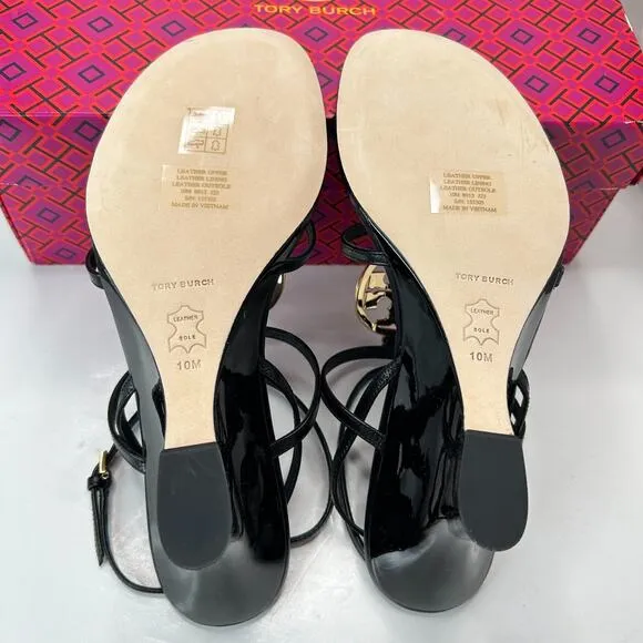 Tory Burch Capri Miller Wedge 85MM Goat Leather Sandals Black Women's US 10M NWB