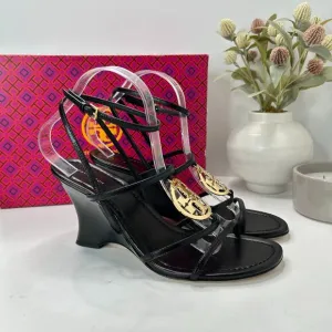 Tory Burch Capri Miller Wedge 85MM Goat Leather Sandals Black Women's US 10M NWB