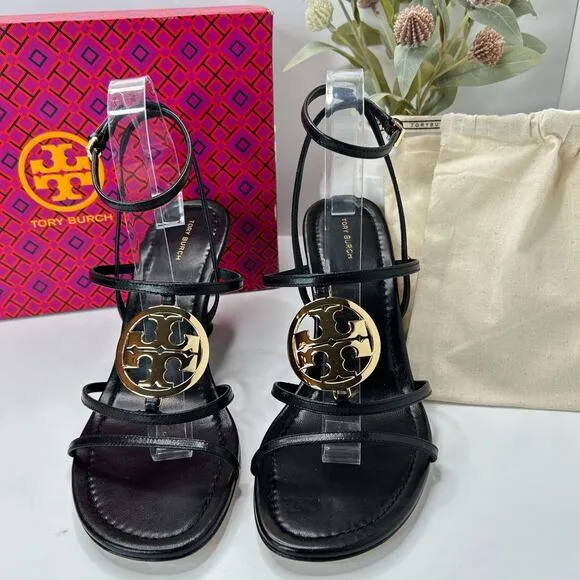 Tory Burch Capri Miller Wedge 85MM Goat Leather Sandals Black Women's US 10M NWB