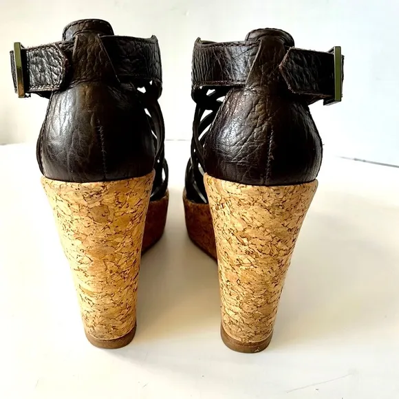 Tory Burch Cork Wedge Strappy Sandals, Dark Brown, size 7.5 M