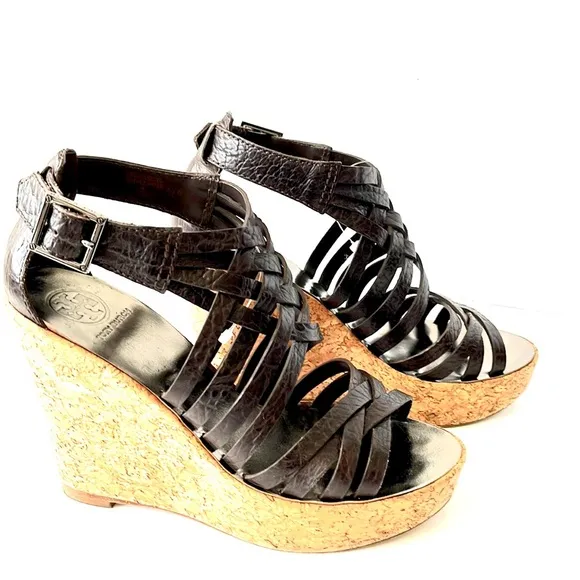 Tory Burch Cork Wedge Strappy Sandals, Dark Brown, size 7.5 M