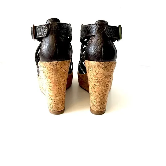 Tory Burch Cork Wedge Strappy Sandals, Dark Brown, size 7.5 M