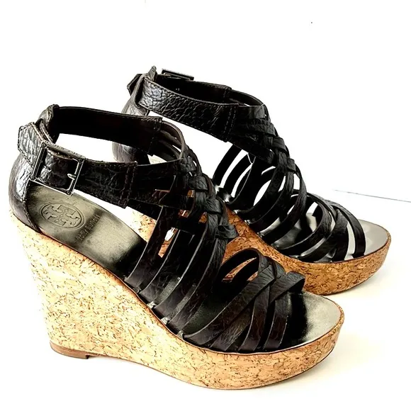 Tory Burch Cork Wedge Strappy Sandals, Dark Brown, size 7.5 M