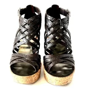 Tory Burch Cork Wedge Strappy Sandals, Dark Brown, size 7.5 M