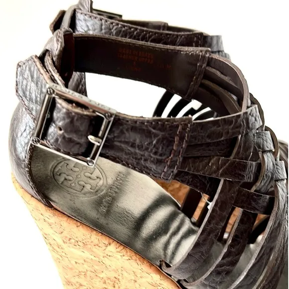 Tory Burch Cork Wedge Strappy Sandals, Dark Brown, size 7.5 M