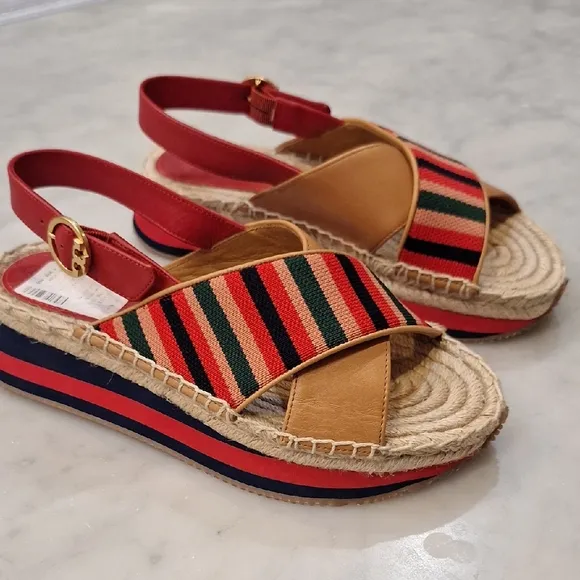 Tory Burch Daisy Sport Sandals Red Tan Leather Women's Sz 6.5 New WO Box Preppy