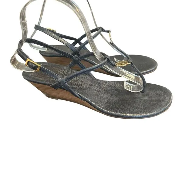 TORY BURCH Emmy Demi Wedge Sandals Navy Blue Leather Size 7 a23