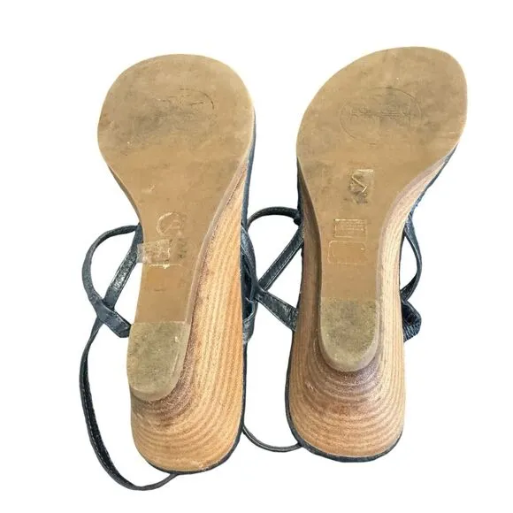 TORY BURCH Emmy Demi Wedge Sandals Navy Blue Leather Size 7 a23