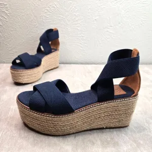 Tory Burch Espadrille Platform Sandals Size 6.5 Blue Strappy Boho Chunky Wedge