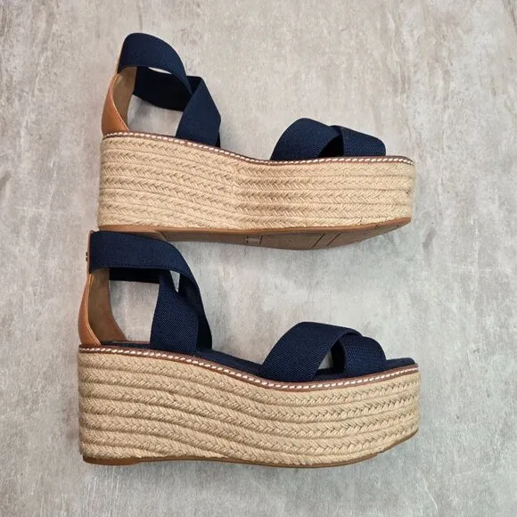 Tory Burch Espadrille Platform Sandals Size 6.5 Blue Strappy Boho Chunky Wedge