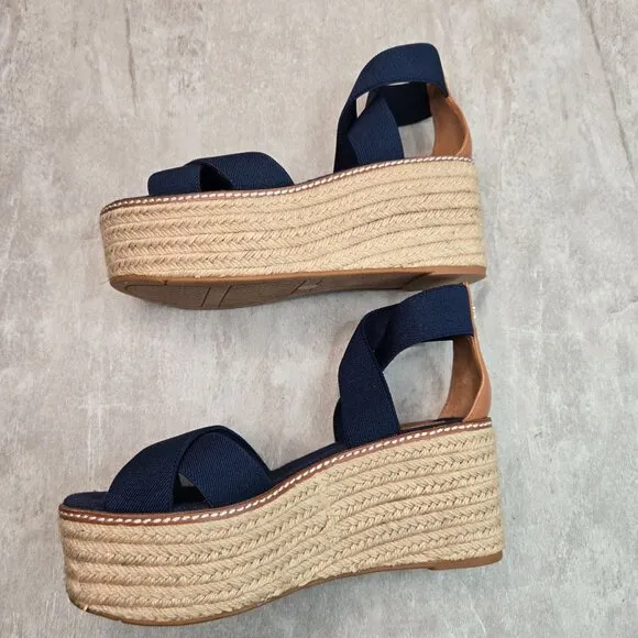 Tory Burch Espadrille Platform Sandals Size 6.5 Blue Strappy Boho Chunky Wedge