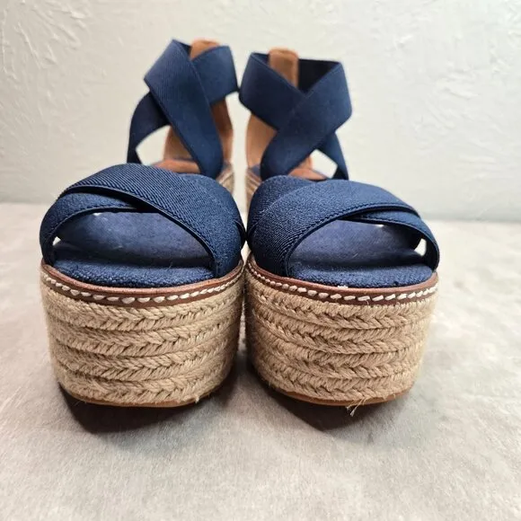 Tory Burch Espadrille Platform Sandals Size 6.5 Blue Strappy Boho Chunky Wedge