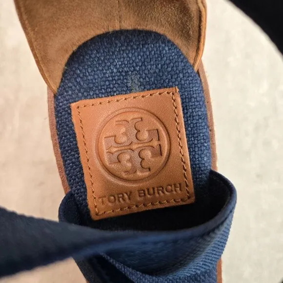 Tory Burch Espadrille Platform Sandals Size 6.5 Blue Strappy Boho Chunky Wedge