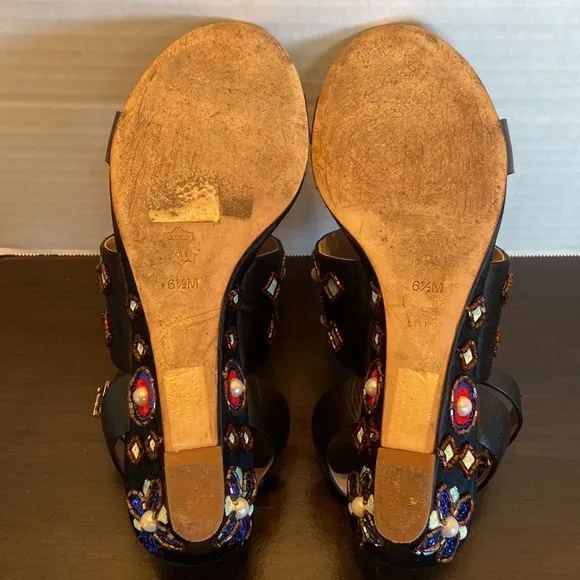 Tory Burch Estella Crystal Embellished Leather Wedge Sandals Size 6 1/2