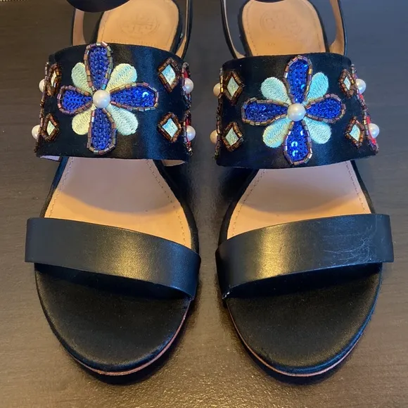 Tory Burch Estella Crystal Embellished Leather Wedge Sandals Size 6 1/2