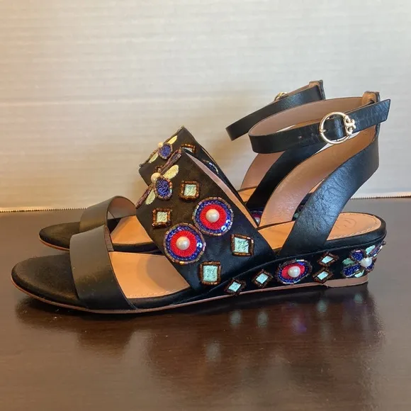 Tory Burch Estella Crystal Embellished Leather Wedge Sandals Size 6 1/2