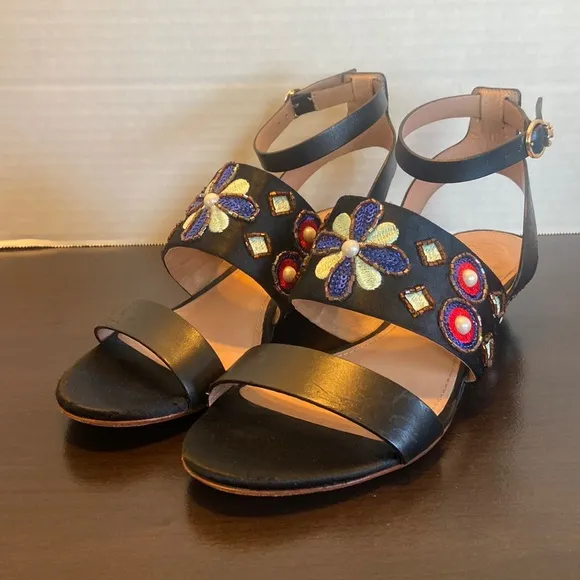Tory Burch Estella Crystal Embellished Leather Wedge Sandals Size 6 1/2