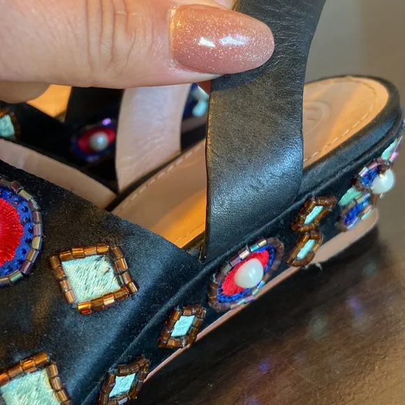 Tory Burch Estella Crystal Embellished Leather Wedge Sandals Size 6 1/2