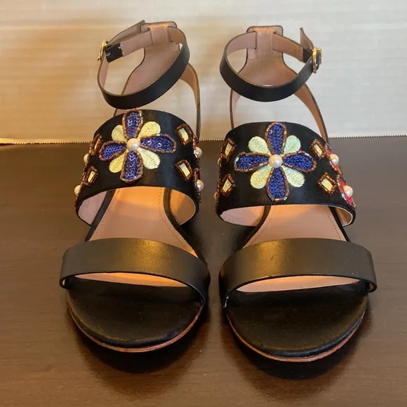 Tory Burch Estella Crystal Embellished Leather Wedge Sandals Size 6 1/2