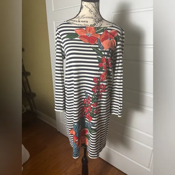 Tory Burch Floral Stripe Cotton Shift Dress.  SZ M