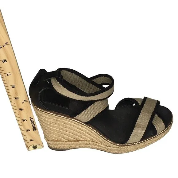 Tory Burch Frieda Espadrille Wedge Sandals Women  Size 9B Black Tan Summer