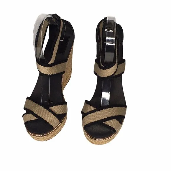 Tory Burch Frieda Espadrille Wedge Sandals Women  Size 9B Black Tan Summer